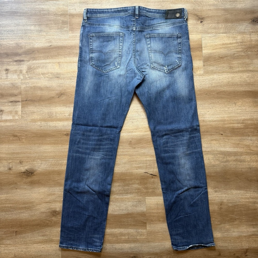 Diesel Buster Jeans Men 36x32 Blue Slim Tapered Stretch Dark Wash Thrashed 0833F - Picture 3 of 16
